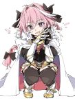  1boy astolfo_(fate) black_bow black_legwear blush boots bow braid cape eyebrows_visible_through_hair fang fate/apocrypha fate_(series) gauntlets hair_bow ixy long_hair looking_at_viewer male_focus open_mouth otoko_no_ko pink_eyes simple_background single_braid smile solo squatting thigh-highs white_background white_cape white_footwear 
