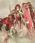  1girl alba armor armored_boots boots brown_hair cape fire_emblem fire_emblem:_mystery_of_the_emblem gloves highres long_hair nintendo pink_eyes polearm sheema shield solo spear teeth weapon 