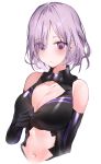  1girl :/ black_dress black_gloves blush breasts cleavage cleavage_cutout dress elbow_gloves eyes_visible_through_hair fate/grand_order fate_(series) gloves hair_over_one_eye highres large_breasts lavender_hair mash_kyrielight midriff navel purple_hair short_hair simple_background solo upper_body violet_eyes white_background yuuko_(030_yuko) 