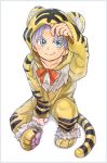  1boy animal_costume animal_print blue_eyes border costume dragon_ball dragonball_z eyebrows_visible_through_hair fingernails full_body grey_border hand_in_hair happy hood hood_up hoodie long_sleeves looking_at_viewer male_focus mochi_mikan purple_hair red_ribbon ribbon short_hair simple_background smile tiger_costume tiger_print trunks_(dragon_ball) white_background 