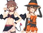  2girls alternate_costume arm_up armpits bangs bare_shoulders bat_wings black_choker black_gloves black_hat blush bow brown_eyes brown_hair choker collarbone cowboy_shot elbow_gloves fingerless_gloves flat_chest folded_ponytail gloves hair_between_eyes hair_ornament hairclip halloween hand_on_headwear hat heart heart_choker ikazuchi_(kantai_collection) inazuma_(kantai_collection) kantai_collection linfa_lm looking_at_viewer looking_to_the_side miniskirt multiple_girls open_mouth orange_bow orange_legwear orange_skirt paw_pose sash shiny shiny_skin shoulder_blush sidelocks simple_background skirt spaghetti_strap tail thigh-highs white_background wings witch_hat zettai_ryouiki 