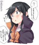  1girl ? asashio_(kantai_collection) black_cape black_hair blue_eyes bow cape ebifurya highres kantai_collection long_hair open_mouth orange_bow simple_background solo spoken_question_mark sweatdrop translation_request twitter_username upper_body white_background 