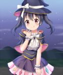  1girl :q bangs bare_shoulders black_capelet black_hair black_hat blush bow brown_eyes capelet closed_mouth clouds commentary_request crystal eyebrows_visible_through_hair hair_between_eyes hand_up hat hat_bow head_tilt highres kirara_fantasia koyuki_(azumaya999) long_hair looking_at_viewer mountain night night_sky outdoors purple_shirt purple_skirt shirt sidelocks skirt sky sleeveless sleeveless_shirt smile solo tongue tongue_out twintails urara_meirochou white_bow witch_hat wrist_cuffs yukimi_koume 