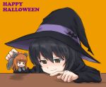  2girls animal_costume bangs bat_ornament bear_costume black_dress black_hair black_hat brown_eyes dress english frown girls_und_panzer happy_halloween hat holding_person long_hair long_sleeves looking_at_another minigirl multiple_girls mutsu_(layergreen) open_mouth orange_background orange_eyes orange_hair pointing reizei_mako smirk takebe_saori wavy_mouth witch witch_hat 