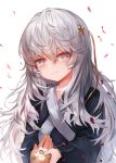  1girl blue_eyes blue_nails bright_pupils commentary_request crying crying_with_eyes_open dokomon eyebrows_visible_through_hair flower girls_frontline grey_hair hair_ornament head_tilt highres jewelry korean_commentary long_hair long_sleeves military military_uniform nail_polish petals pov ribeyrolles_1918_(girls_frontline) ring simple_background smile solo_focus tears uniform very_long_hair white_background white_flower 