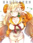  1girl ;&lt; arm_up bangs blonde_hair blush breasts cardigan cleavage collarbone commentary cowboy_shot dress eyebrows_visible_through_hair food_themed_hair_ornament girls_frontline green_eyes hair_between_eyes hair_ornament hair_scrunchie hairclip halloween heart heart-shaped_pupils holding large_breasts long_hair long_sleeves looking_at_viewer melings_(aot2846) notice_lines one_eye_closed open_cardigan open_clothes orange_cardigan orange_sailor_collar orange_scrunchie pumpkin_hair_ornament red_neckwear revision s.a.t.8_(girls_frontline) sailor_collar sailor_dress scrunchie short_dress simple_background solo star symbol-shaped_pupils tears very_long_hair white_background white_dress 