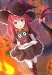 1girl :d bangs blue_eyes boots bow cat claws commentary_request cross-laced_footwear dragon_girl dragon_tail dress dutch_angle elizabeth_bathory_(fate) elizabeth_bathory_(fate)_(all) fate/grand_order fate_(series) hair_between_eyes halloween halloween_costume hat holding inora jack-o&#039;-lantern knee_boots lace-up_boots long_hair looking_at_viewer open_mouth outdoors pink_hair pumpkin sakamoto_(nichijou) smile solo standing tail tail_bow white_legwear witch_hat 