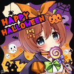  1girl bangs bat bat_wings black_cape black_wings blue_eyes blush bow brown_hair bug candy cape commentary_request eyebrows_visible_through_hair food ghost gradient_sky green_bow hair_between_eyes hair_bow halloween head_tilt heart heart_in_eye highres holding holding_food holding_lollipop kuribayashi_kurumi lollipop looking_at_viewer nyano21 orange_bow orange_sky polka_dot polka_dot_bow princess_connect! princess_connect!_re:dive puffy_short_sleeves puffy_sleeves purple_sky shirt short_hair short_sleeves signature silk sky solo spider spider_web star swirl_lollipop symbol_in_eye upper_body white_shirt wings yellow_bow 
