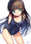  1girl arms_behind_back blue_eyes brown_hair commentary_request covered_navel highres leaning_forward long_hair original school_swimsuit sea_scorpion_(umisasori) simple_background smile solo swimsuit white_background 