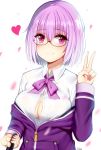  1girl absurdres artist_name blush breasts cleavage closed_mouth collared_shirt eyebrows_visible_through_hair glasses heart highres hood hoodie large_breasts long_sleeves looking_at_viewer partially_unbuttoned pink_eyes purple_hair shinjou_akane shirt signature smile ssss.gridman taitai uniform upper_body v white_shirt 