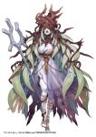  1girl :o breasts company_name dress extra_eyes full_body green_hair holding holding_staff large_breasts long_hair looking_at_viewer monster_girl official_art pale_skin pointy_ears red_eyes staff standing standing_on_one_leg tattoo very_long_hair white_background yuba_no_shirushi yuzu_shio 
