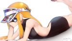  1girl artist_name bare_shoulders blue_eyes blush breasts cursive english hat hat_pin highres inkling kashu_(hizake) long_hair looking_at_viewer lying nintendo on_stomach orange_hair pointy_ears sandals shadow sideways_glance signature simple_background small_breasts solo splatoon tentacle_hair the_pose thighs visor_cap watermark white_background 