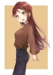  1girl :d bangs black_pants blush breasts brown_background brown_eyes brown_shirt commentary_request eyebrows_visible_through_hair head_tilt highres long_hair long_sleeves looking_at_viewer looking_to_the_side love_live! love_live!_sunshine!! open_mouth pants puffy_long_sleeves puffy_sleeves redhead sakurauchi_riko shirt sin_(sin52y) small_breasts smile solo two-tone_background very_long_hair white_background 