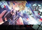  1boy arm_strap bare_shoulders black_nails black_vest blonde_hair blue_eyes bright_pupils buckle city commentary_request dutch_angle eyes_visible_through_hair fingernails hair_over_one_eye high_collar holding kagamine_len looking_at_viewer male_focus microphone microphone_stand nail_polish outdoors parted_lips petals ponytail shaded_face shoulder_tattoo signature solo song_name tattoo tyouya upper_body v-shaped_eyebrows vest vocaloid wristband zipper 