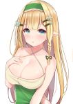  1girl artist_request bare_shoulders blonde_hair blue_eyes blush braid breasts cleavage elf flower hair_ornament hairclip headband large_breasts long_hair original pointy_ears solo 