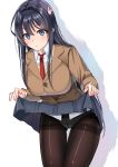  1girl ass_visible_through_thighs black_hair black_legwear blue_eyes blue_skirt blush breasts brown_jacket highres jacket large_breasts lifted_by_self long_hair mukatsukulsp necktie panties panties_under_pantyhose pantyhose red_neckwear sakurajima_mai school_uniform seishun_buta_yarou sidelocks skirt skirt_lift standing thighband_pantyhose underwear uniform white_background 