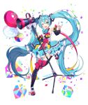  1girl absurdly_long_hair absurdres balloon black_legwear blue_eyes blue_hair blue_skirt blush bow cube eyebrows_visible_through_hair frilled_skirt frills full_body hatsune_miku highres long_hair looking_at_viewer magical_mirai_(vocaloid) megaphone one_eye_closed open_mouth over-kneehighs pink_bow roti skirt smile solo striped striped_legwear thigh-highs twintails vertical-striped_legwear vertical_stripes very_long_hair vocaloid 