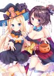  2girls :q abigail_williams_(fate/grand_order) adapted_costume animal bangs bare_shoulders bat_hair_ornament black_bow black_dress black_hat black_kimono blonde_hair blue_eyes blush bow breasts candy_wrapper cleavage closed_mouth collarbone commentary_request detached_sleeves dress fate/grand_order fate_(series) forehead frilled_skirt frills hair_bun hair_ornament halloween halloween_basket hat hat_bow head_tilt highres holding index_finger_raised japanese_clothes katsushika_hokusai_(fate/grand_order) kimono large_breasts long_hair long_sleeves looking_at_viewer masayo_(gin_no_ame) multiple_girls octopus off-shoulder_dress off_shoulder orange_bow parted_bangs parted_lips polka_dot polka_dot_bow purple_hair purple_sleeves ribbed_legwear skirt small_breasts smile strapless stuffed_animal stuffed_toy teddy_bear thigh-highs tokitarou_(fate/grand_order) tongue tongue_out translated very_long_hair violet_eyes white_background white_legwear wide_sleeves witch_hat wrist_cuffs 