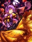  1girl ahoge bangs bare_shoulders bat bat_wings black_gloves black_wings blush bow bug_(artist) candle dress elbow_gloves eyebrows_visible_through_hair fire ghost gloves halloween hand_up highres horns jack-o&#039;-lantern long_hair low_twintails open_mouth orange_bow pink_eyes pumpkin purple_hair solo spider_web_print twintails vocaloid voiceroid wings yuzuki_yukari 