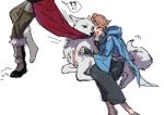  1girl alucard_(castlevania) blonde_hair blue_eyes blush boots brown_hair castlevania castlevania_iii:_dracula&#039;s_curse gloves hug long_hair male_focus piyox9 ralph_c_belmondo smile sypha_belnades weapon whip white_hair wolf 