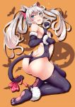  1girl alternate_costume animal_ears ass azur_lane bell bell_collar blue_eyes blush breasts cat_ears collar embarrassed feet fur_trim halloween hammann_(azur_lane) highres paw_pose paw_shoes revealing_clothes ribbon shoes small_breasts solo tail tail_ribbon thigh-highs twintails white_hair yukishiro_arute 