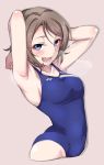  1girl :d armpits arms_behind_back arms_up ass blue_eyes breasts brown_hair competition_swimsuit covered_navel cropped_legs half-closed_eyes heavy_breathing highres looking_at_viewer love_live! love_live!_school_idol_project love_live!_sunshine!! medium_breasts one-piece_swimsuit open_mouth short_hair sideboob smile solo swimsuit watanabe_you 