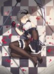  1girl aliceblue bangs black_dress black_gloves blush bodystocking breasts checkered checkered_floor closed_mouth commentary_request cracked_floor day dress eyebrows_visible_through_hair flower frilled_skirt frills full_body gloves grey_hair highres honkai_impact horns impossible_clothes leg_garter maid_headdress medium_breasts no_shoes on_floor petals pink_eyes puffy_short_sleeves puffy_sleeves red_flower red_rose rose rose_petals scythe short_hair short_sleeves side_cutout side_slit signature skirt smile solo sunlight victorian_maid 