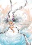  1girl barefoot box closed_eyes closed_mouth elbow_gloves english floating_hair gift gift_box glass gloves green_hair hatsune_miku highres long_hair nekoita shattered solo twintails vocaloid white_gloves 