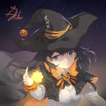  1girl aliter bangs black_cape black_hat blue_eyes bow breasts cape closed_mouth collared_shirt commentary_request eyebrows_visible_through_hair glowing hair_between_eyes halloween hand_up hat highres jack-o&#039;-lantern long_sleeves looking_at_viewer medium_breasts multicolored multicolored_cape multicolored_clothes night night_sky orange_cape original shirt signature sky solo star_(sky) starry_sky striped striped_bow upper_body white_shirt witch_hat 