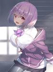  1girl black_legwear black_skirt blush breasts cleavage_cutout commentary_request eyebrows_visible_through_hair highres jonsun large_breasts long_sleeves looking_at_viewer open_mouth pantyhose pink_eyes pink_hair shinjou_akane shirt short_hair skirt solo ssss.gridman white_shirt 