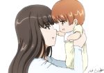  2girls artist_name baby bangs blunt_bangs brown_eyes brown_hair bukkuri commentary dated eyebrows_visible_through_hair from_side girls_und_panzer lifting_person long_hair long_sleeves looking_at_another mother_and_daughter multiple_girls nishizumi_miho nishizumi_shiho onesie open_mouth shirt short_hair signature simple_background smile straight_hair very_short_hair white_background white_shirt younger 