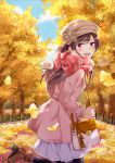  1girl :d autumn_leaves bag black_legwear blue_sky blurry blurry_background blush boots breath brown_footwear brown_hair brown_hat day ginkgo_leaf hand_up handbag hat highres jacket open_mouth original outdoors pantyhose pink_eyes pink_jacket pink_scarf plaid plaid_scarf running scarf skirt sky smile solo tree visible_air 