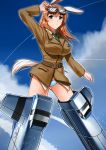  1girl animal_ears blue_eyes blush breasts brown_hair bunny_tail charlotte_e_yeager clouds cloudy_sky eyebrows eyebrows_visible_through_hair goggles goggles_on_head green_neckwear highres hiroshi_(hunter-of-kct) large_breasts military military_uniform necktie panties rabbit_ears shiny shiny_hair shiny_skin sky smile solo strike_witches striker_unit tail underwear uniform white_panties world_witches_series 