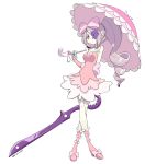  1girl alternate_costume bearthemighty bow breasts company_connection cosplay dated dress drill_hair eyepatch full_body hair_bow harime_nui harime_nui_(cosplay) highres kill_la_kill little_witch_academia long_hair pale_skin parasol pink_bow pink_dress pink_footwear pink_umbrella red_eyes scissor_blade small_breasts standing sucy_manbavaran umbrella white_background 