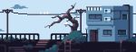  animated animated_gif bird blue_sky building commentary door english_commentary ground_vehicle japan ladder lennsan no_humans original power_lines railing sky stairs telephone_pole train tree 
