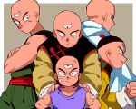  5boys age_difference bald black_eyes border cape chinese_clothes clenched_hand crossed_arms dirty dirty_clothes dirty_face dougi dragon_ball dragon_ball_(classic) dragon_ball_super dragonball_z fingernails frown goro_(szyk7834) grey_background grin hand_on_another&#039;s_shoulder hand_on_hip hat height_difference lavender_shirt light_smile long_sleeves looking_at_another looking_at_viewer looking_away looking_back looking_down male_focus multiple_boys multiple_persona outside_border profile serious shirt simple_background sleeveless sleeveless_shirt smile tenshinhan third_eye upper_body white_cape younger 