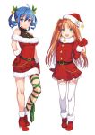  2girls :d ahoge amiami_(company) amico ankle_boots bangs bare_shoulders bell belt belt_buckle blue_eyes blue_hair blush boots breasts buckle christmas closed_mouth contrapposto covered_navel dress drill_hair eyebrows_visible_through_hair full_body fur-trimmed_dress fur-trimmed_gloves fur-trimmed_sleeves fur_collar fur_trim gloves green_eyes hair_bell hair_between_eyes hair_ornament hand_on_hip hat high_heel_boots high_heels highres leg_ribbon lilco long_hair looking_at_viewer medium_breasts mittens multiple_girls official_art open_mouth orange_hair parted_bangs red_dress ribbon santa_boots santa_costume santa_gloves santa_hat short_dress simple_background smile standing star thigh-highs turtleneck twin_drills twintails two_side_up waving white_background white_legwear yumekui zettai_ryouiki 