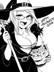  1girl 2018 :d belt breasts broom candy cleavage commentary english_commentary eyebrows_visible_through_hair food fur_collar glasses greyscale halloween_basket halloween_costume happy_halloween hat hat_belt high_contrast inktober large_breasts long_hair monochrome monorus open_mouth original robe simple_background smile solo witch_hat 
