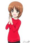  1girl :d artist_name bangs black_pants brown_eyes brown_hair bukkuri casual commentary cowboy_shot dated eyebrows_visible_through_hair girls_und_panzer hands_together long_sleeves looking_at_viewer nishizumi_miho open_mouth pants red_shirt shirt short_hair signature simple_background smile solo standing white_background 