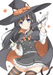  1girl animal_ears asashio_(kantai_collection) belt black_hair blue_eyes buttons cape cat_ears cat_tail dress fake_animal_ears gloves halloween hat highres kantai_collection long_hair long_sleeves looking_at_viewer neck_ribbon paw_background pinafore_dress pleated_skirt red_ribbon remodel_(kantai_collection) ribbon sakikumo_(sakumo) shirt skirt smile solo staff striped striped_legwear tail thigh-highs white_background white_gloves white_shirt witch_hat 