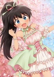  1girl :d black_hair blue blush bracelet collarbone corset detached_sleeves dress earrings eyebrows_visible_through_hair eyes fang ganaha_hibiki green_ribbon hair_between_eyes hair_ribbon halterneck high_heels high_ponytail hiiringu idolmaster idolmaster_(classic) jewelry layered_dress leg_up long_hair looking_at_viewer neck_ribbon open_mouth pink_ribbon ribbon short_dress short_sleeves sleeveless sleeveless_dress smile solo standing standing_on_one_leg very_long_hair white_dress 