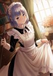  1girl apron apron_lift bangs blush bookshelf broom cleaning eyebrows_visible_through_hair grey_eyes grin highres indoors looking_at_viewer maid maid_apron maid_headdress medium_hair original purple_hair sidelocks smile solo thigh-highs yumeha_tseru 