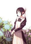  1girl absurdres apron black_hair commentary_request flower hennekobakatesu highres holding hydrangea looking_at_viewer maid maid_apron maid_cap original solo watering_can 