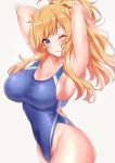  1girl armpits arms_behind_head arms_up bangs bare_shoulders blonde_hair blue_eyes blue_swimsuit blush breasts cleavage collarbone covered_navel highleg highleg_swimsuit highres hips idolmaster idolmaster_cinderella_girls large_breasts long_hair looking_at_viewer one-piece_swimsuit one_eye_closed ootsuki_yui parted_lips ponytail sankakusui shiny shiny_hair shiny_skin sidelocks simple_background solo swept_bangs swimsuit waist wavy_hair white_background 