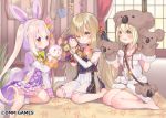  3girls :d animal_bag animal_ears bag bangs barefoot black_choker blurry blurry_background blush brown_eyes brown_hair brown_shorts cape character_request choker closed_mouth collarbone commentary_request curtains depth_of_field dress eyebrows_visible_through_hair fake_animal_ears flower_knight_girl fur-trimmed_shirt fur-trimmed_shorts hair_between_eyes hair_bobbles hair_ornament hair_over_one_eye hand_puppet hood hood_up hooded_cape indoors koala_ears koala_hat light_brown_hair long_hair long_sleeves multiple_girls official_art open_mouth puppet purple_cape rabbit_ears red_eyes sailor_collar shirt short_shorts shorts shoulder_bag sitting sleeves_past_wrists smile suzuho_hotaru twintails usagigoke_(flower_knight_girl) very_long_hair watermark white_dress white_sailor_collar white_shirt window yokozuwari yuukari_(flower_knight_girl) 