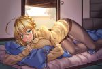  1girl ahoge alternate_costume artoria_pendragon_(all) artoria_pendragon_(lancer) bangs black_legwear blurry blush braid breasts commentary_request contemporary cushion depth_of_field eyebrows_visible_through_hair fate/grand_order fate_(series) french_braid futon green_eyes hair_bun highres indoors large_breasts long_hair looking_at_viewer lying no_shoes object_hug on_stomach open_door pantyhose ribbed_sweater shirokuma_a sidelocks sliding_doors smile solo sweater swept_bangs tatami thighband_pantyhose thighs turtleneck turtleneck_sweater 