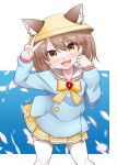  1girl absurdres animal_ears azur_lane blue_background blue_shirt brown_eyes brown_hair cat_ears cosplay cowboy_shot fang hat highres kantai_collection kindergarten_uniform kirigakure_(kirigakure_tantei_jimusho) long_hair looking_at_viewer magatama mutsuki_(azur_lane) mutsuki_(azur_lane)_(cosplay) open_mouth petals ryuujou_(kantai_collection) sailor_collar school_hat shirt simple_background skirt smile solo thigh-highs twintails two-tone_background v white_background white_legwear white_sailor_collar yellow_skirt 