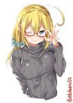  1girl ahoge alternate_costume blonde_hair blush breasts closed_mouth ebifurya eyebrows_visible_through_hair glasses grey_eyes hair_between_eyes hand_on_eyewear highres i-8_(kantai_collection) kantai_collection large_breasts long_hair looking_at_viewer low_twintails one_eye_closed red-framed_eyewear ribbed_sweater semi-rimless_eyewear simple_background smile sweater turtleneck turtleneck_sweater twintails twitter_username v-shaped_eyebrows white_background 