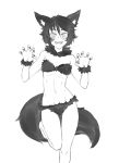  1girl :d animal_ears bare_shoulders blush claw_pose commentary english_commentary eyebrows_visible_through_hair fang fingernails fox_ears fox_tail freckles fur_bikini fur_collar gluteal_fold greyscale halloween halloween_costume looking_at_viewer mari_(twrlare) monochrome navel open_mouth original sharp_fingernails short_hair simple_background smile solo standing standing_on_one_leg stomach tail thigh_gap twrlare v-shaped_eyebrows 