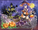  1girl absurdres bat belt black_gloves black_legwear blue_hair broom detached_sleeves fingerless_gloves fire_emblem fire_emblem:_souen_no_kiseki fire_emblem_heroes full_moon gloves green_eyes halloween_costume hat headband highres huge_filesize jack-o&#039;-lantern leg_up long_hair moon navel navel_cutout night night_sky nintendo one_eye_closed open_mouth sky solo star_(sky) thigh-highs tree vuja3758 wayu_(fire_emblem) white_headband witch_hat 